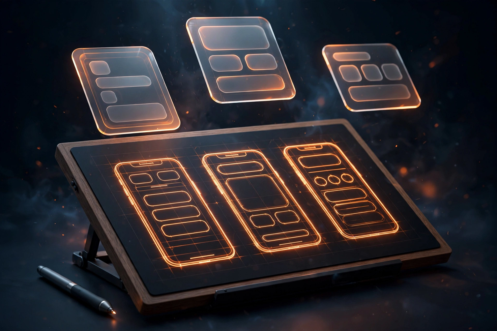 App development process design stage — wireframes and UI sketches for a mobile app