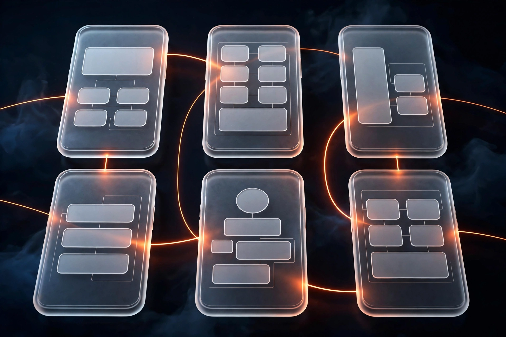 App wireframe showing the seven key mobile app screens mapped out in a grid