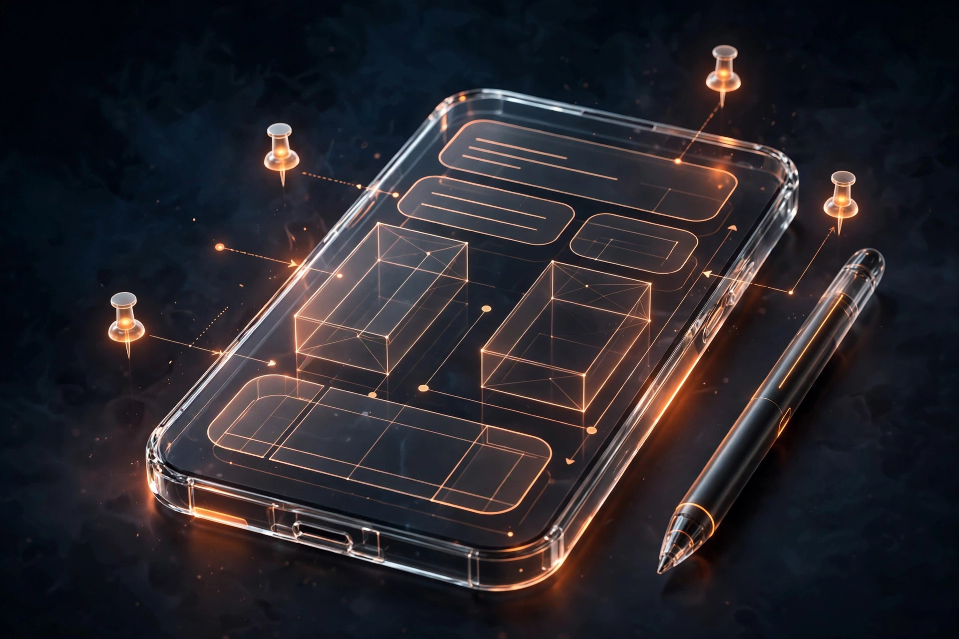 Annotated app wireframe screens with notes showing how to hand wireframes to a developer
