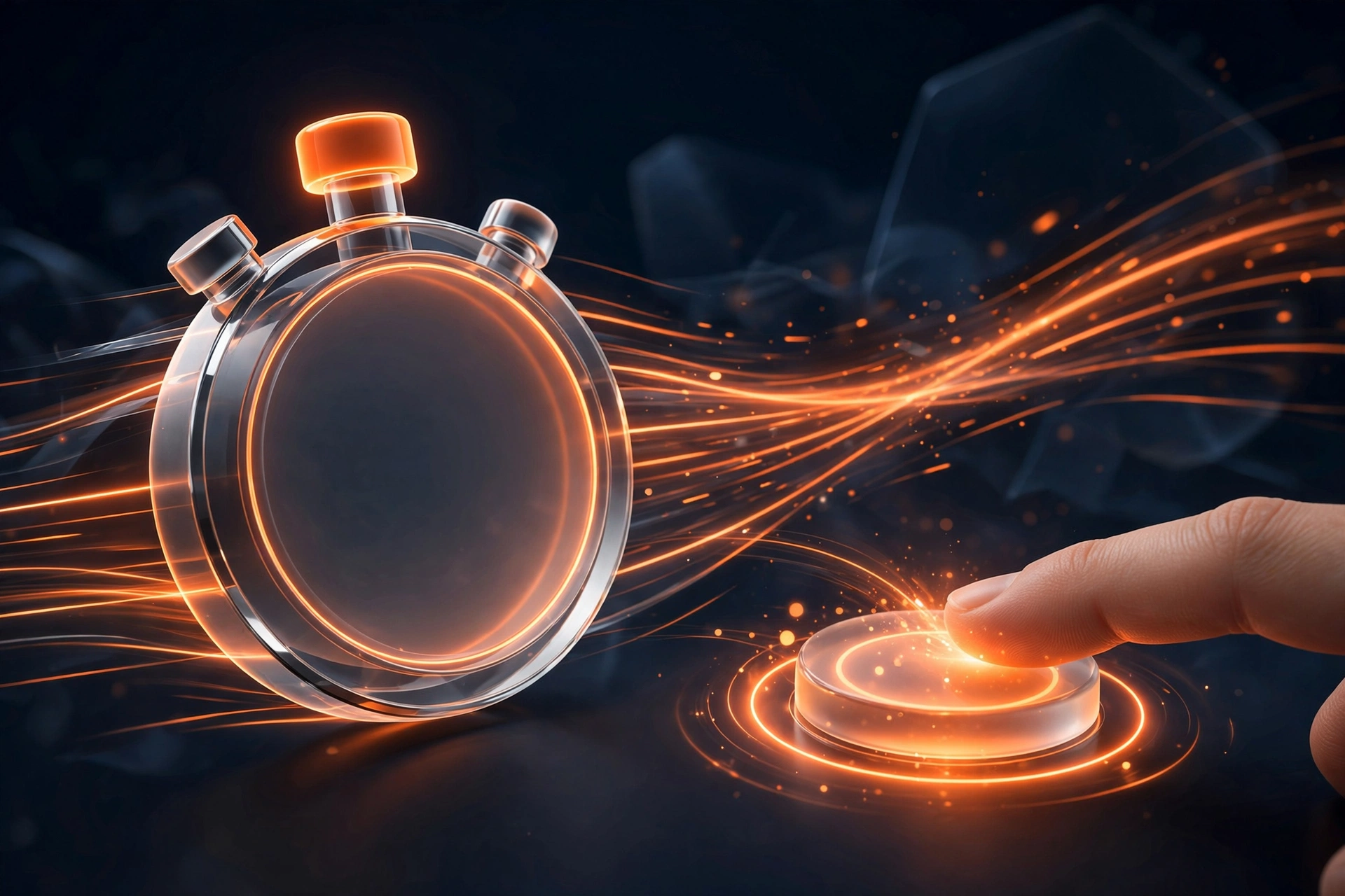 Core web vitals INP responsiveness illustrated as a dark 3D stopwatch with glowing orange accents
