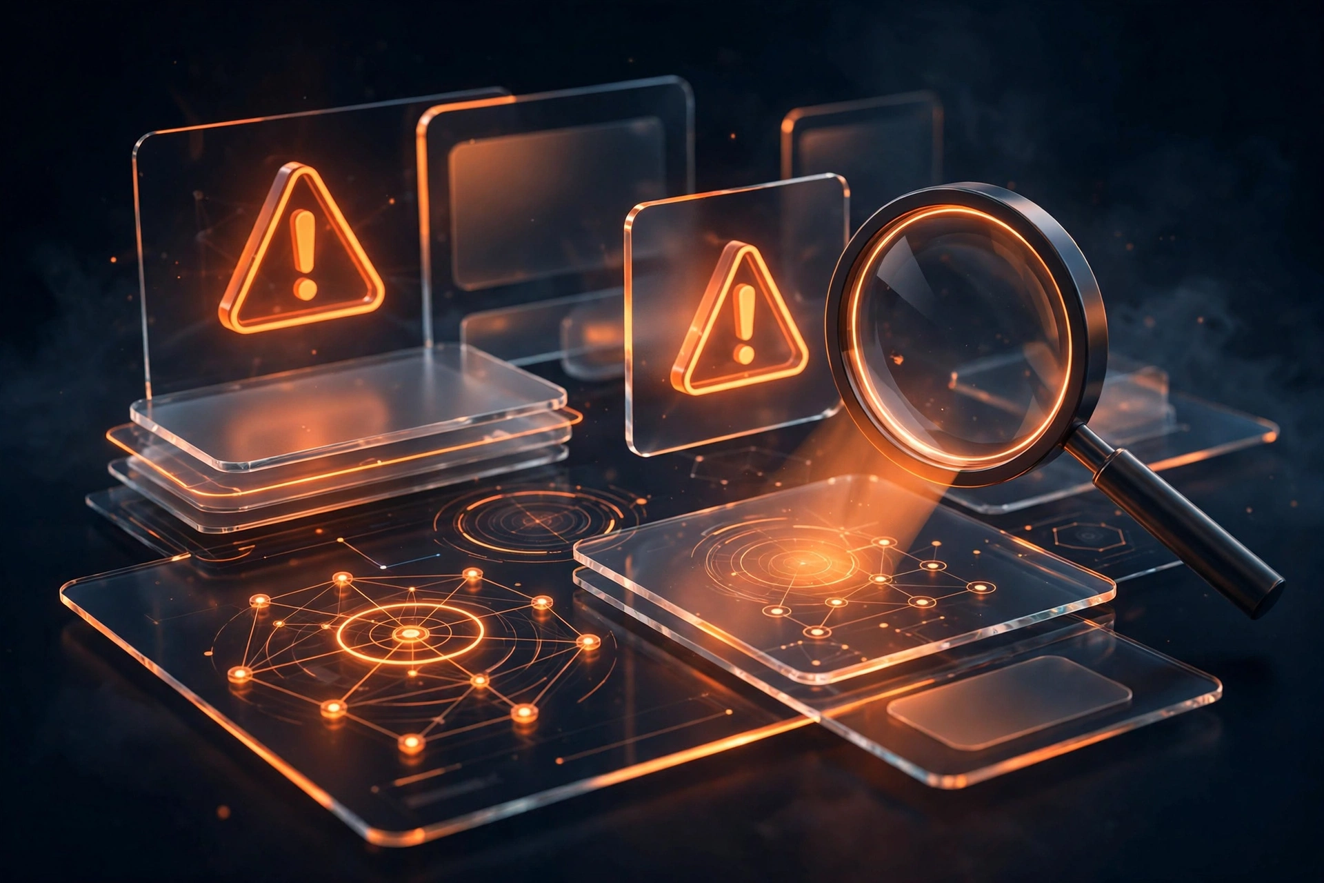 Core web vitals failures illustrated as a dark 3D warning dashboard with glowing orange alert symbols