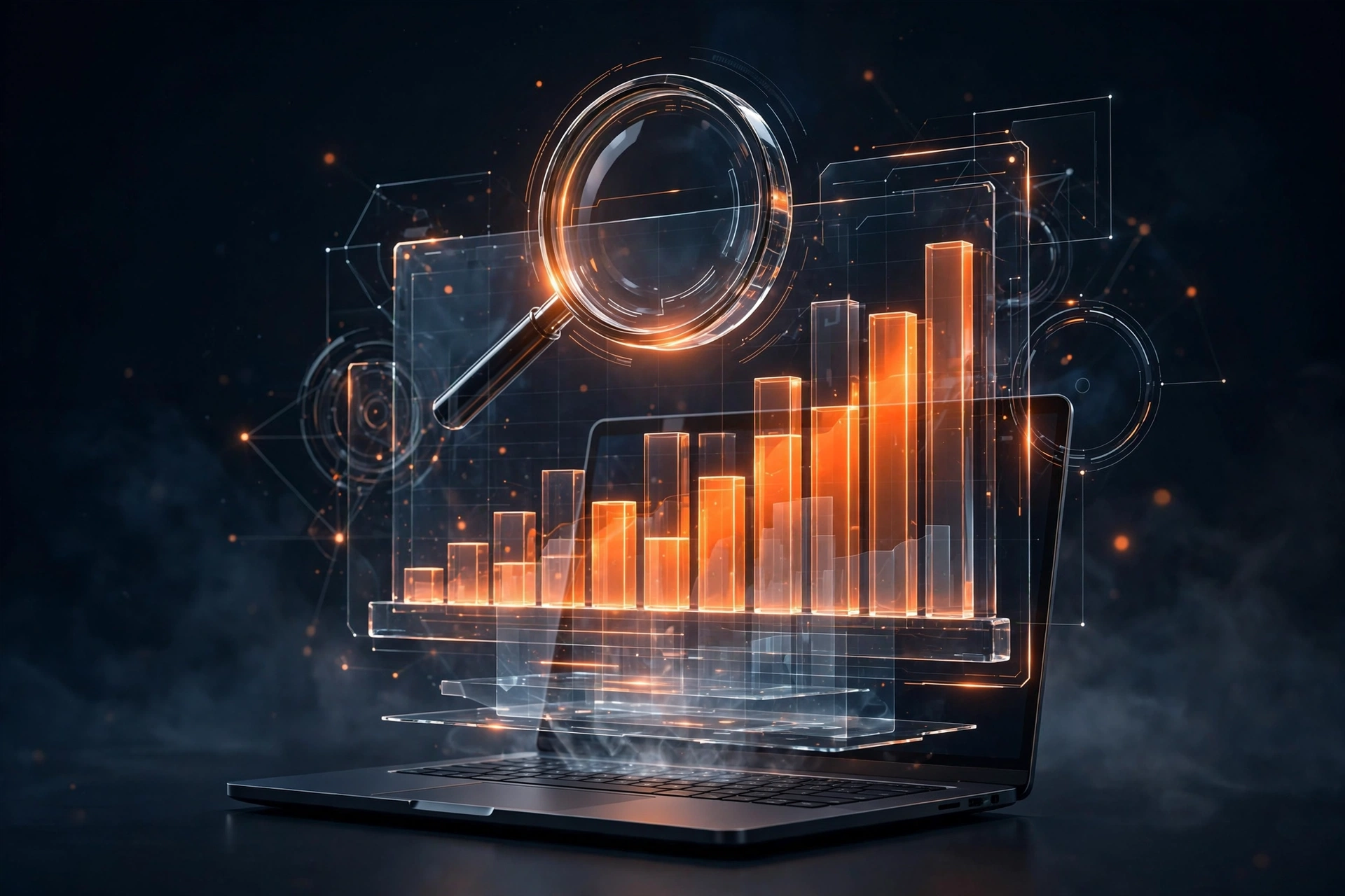 Essential WordPress plugins for SEO shown as a dark 3D analytics dashboard with glowing orange charts