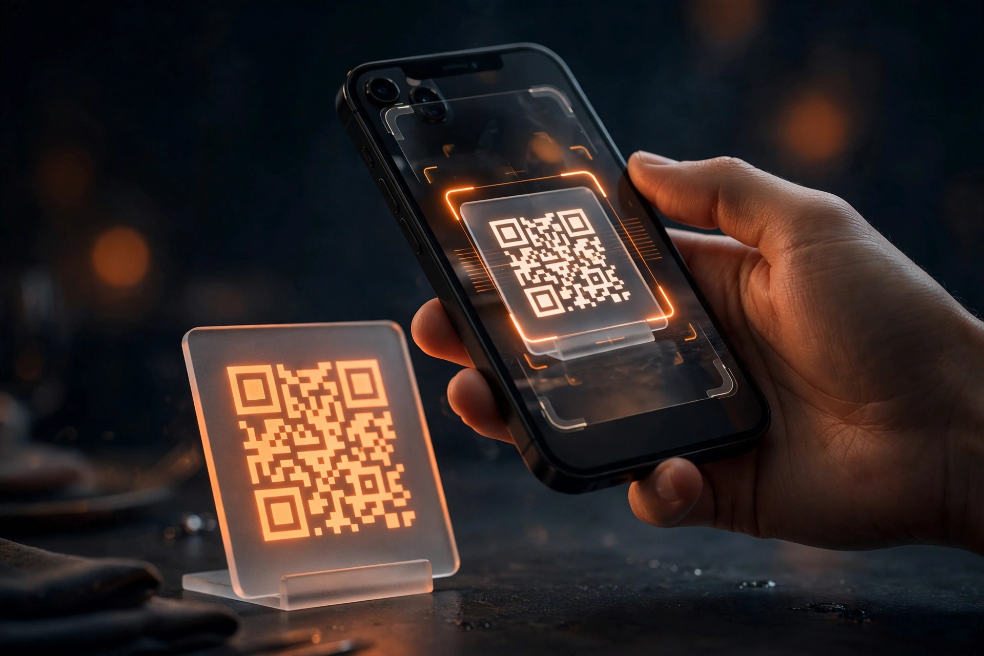 How to get Google reviews with QR codes: customer scanning a review QR code at a table