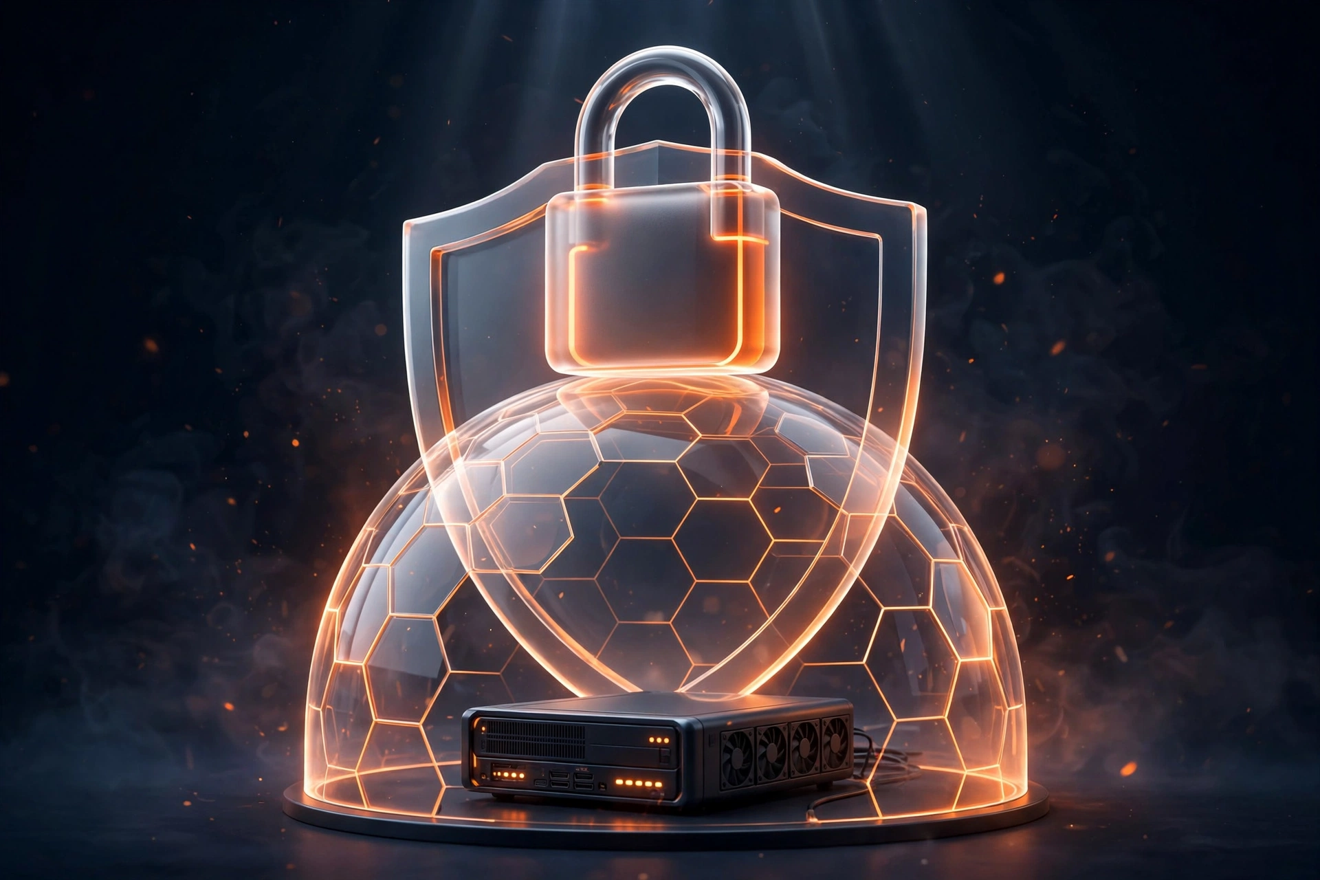 WordPress security setup illustrated as a dark 3D padlock with glowing orange protection shield
