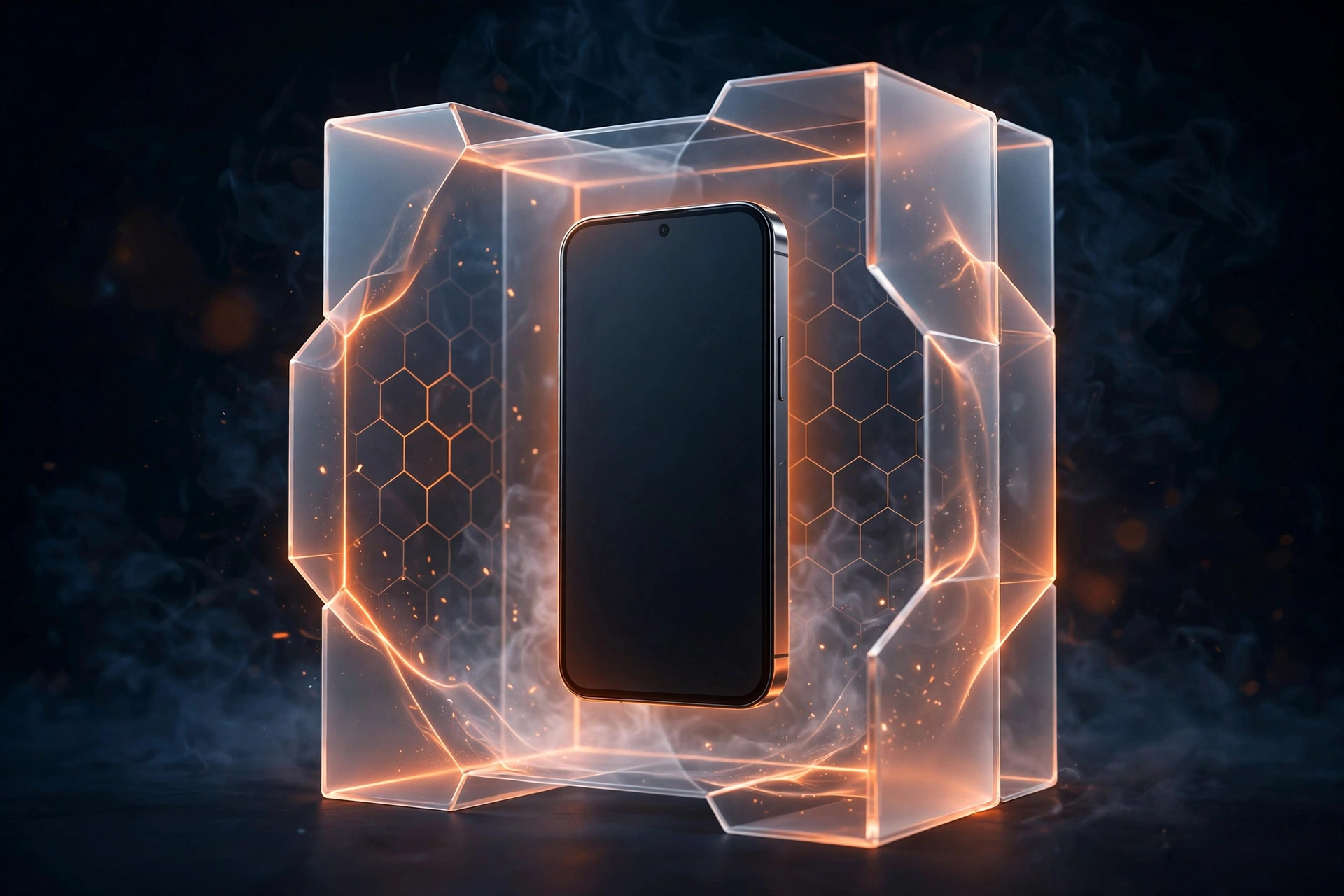 Progressive web apps limitations illustrated as a dark 3D smartphone with glowing orange boundary walls