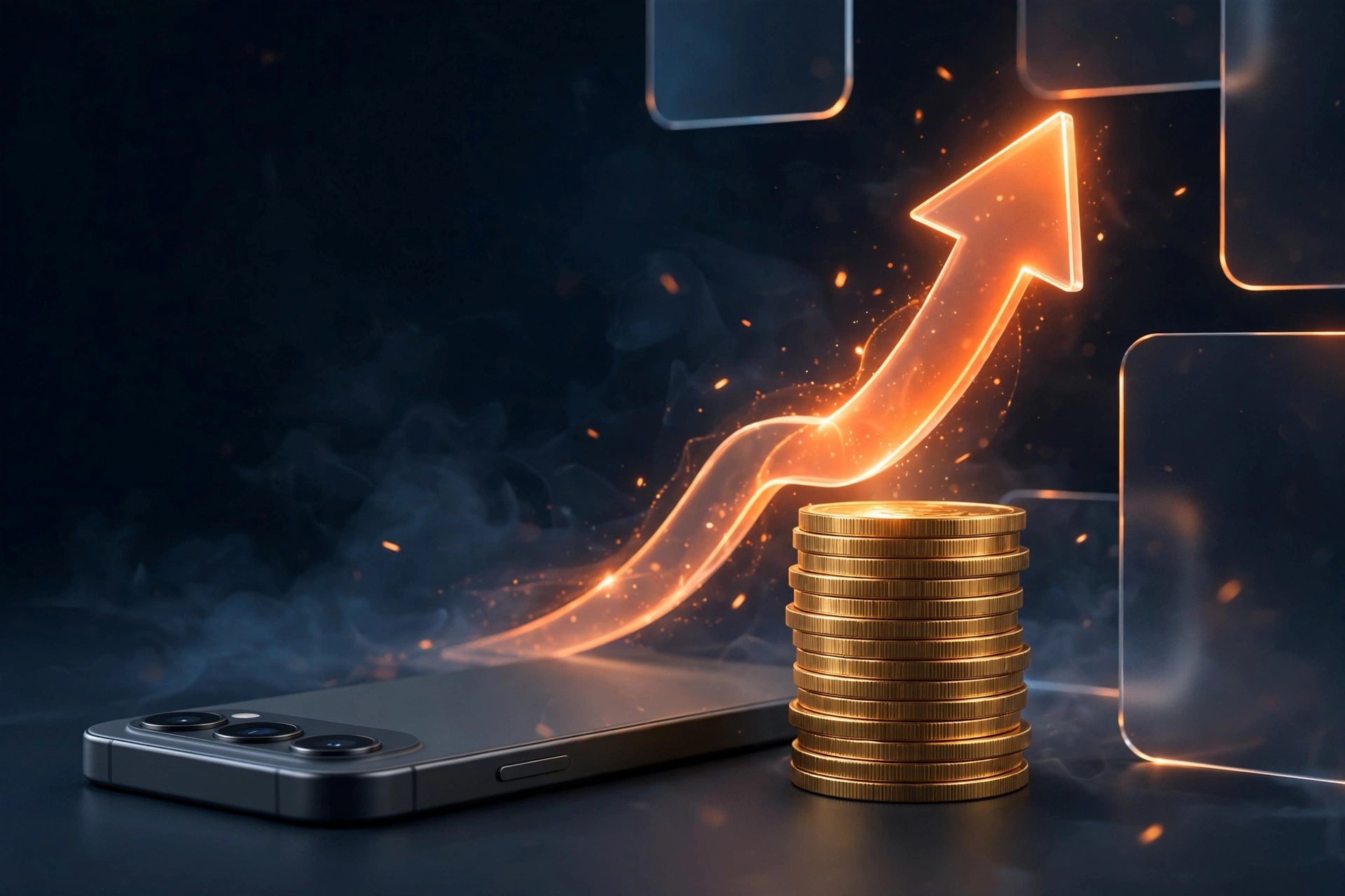 Progressive web apps cost advantage shown as a dark 3D illustration of a phone and coins with orange glow
