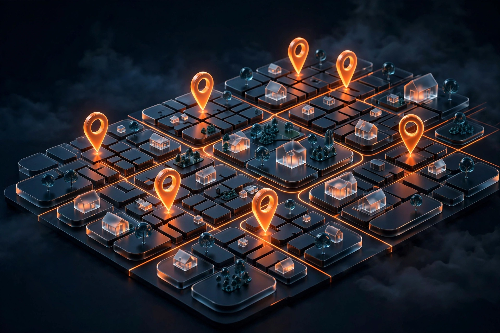 Real estate SEO hyperlocal neighborhood pages with map pins and home icons ranking on Google