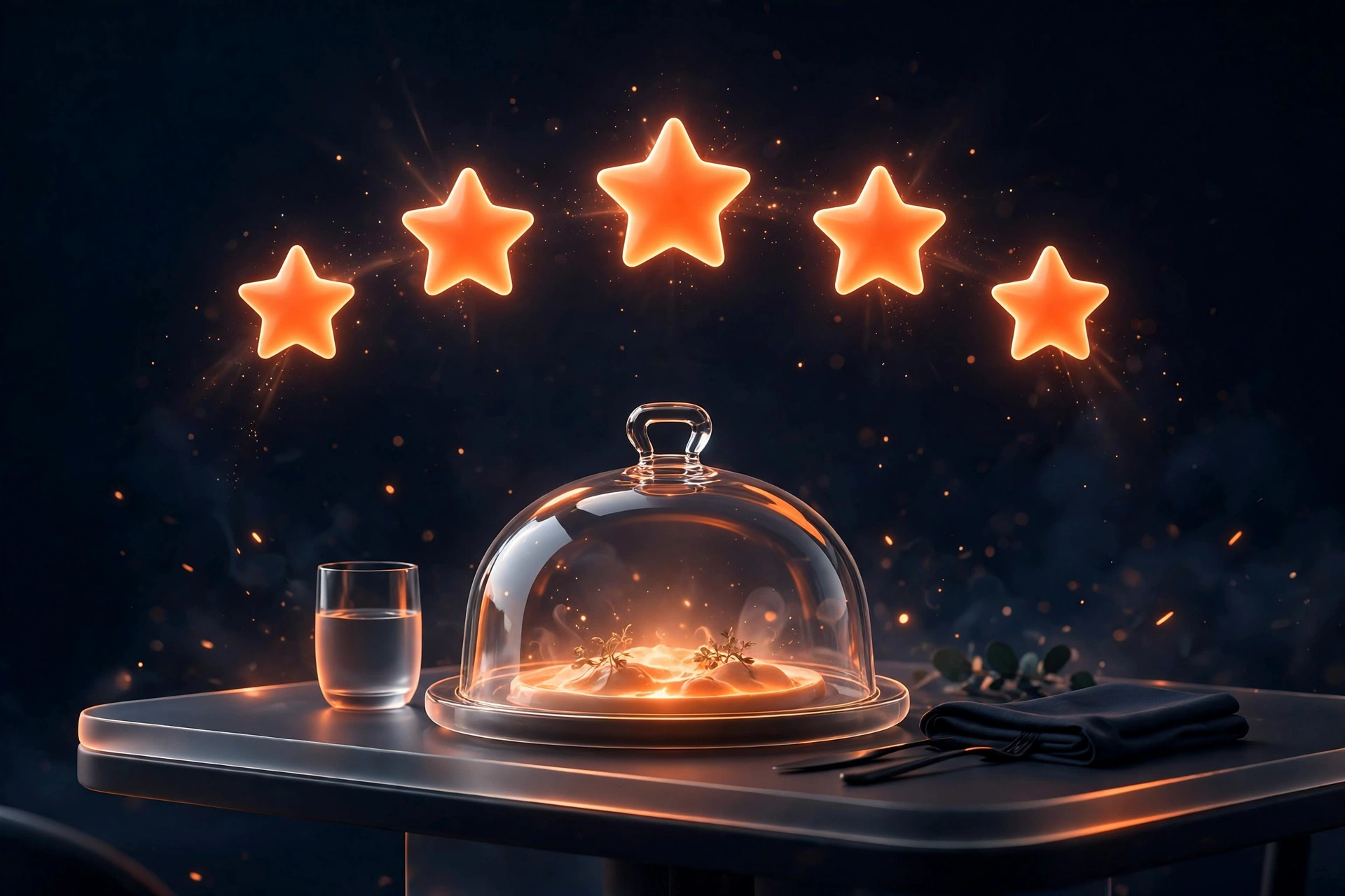 Restaurant SEO review strategy with star ratings and happy diners illustration