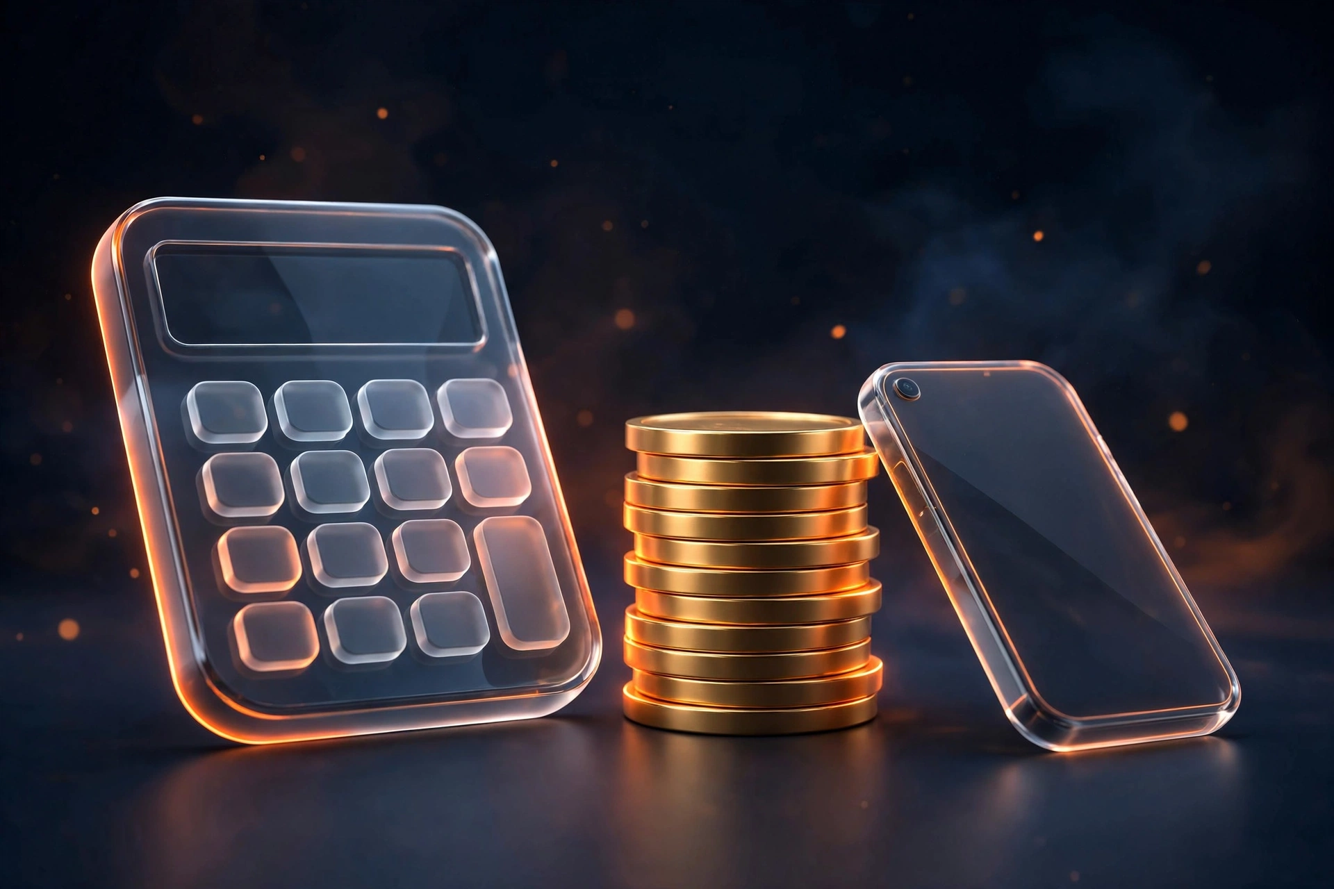 Web app vs mobile app cost comparison shown as a dark 3D illustration with a glowing calculator and coins