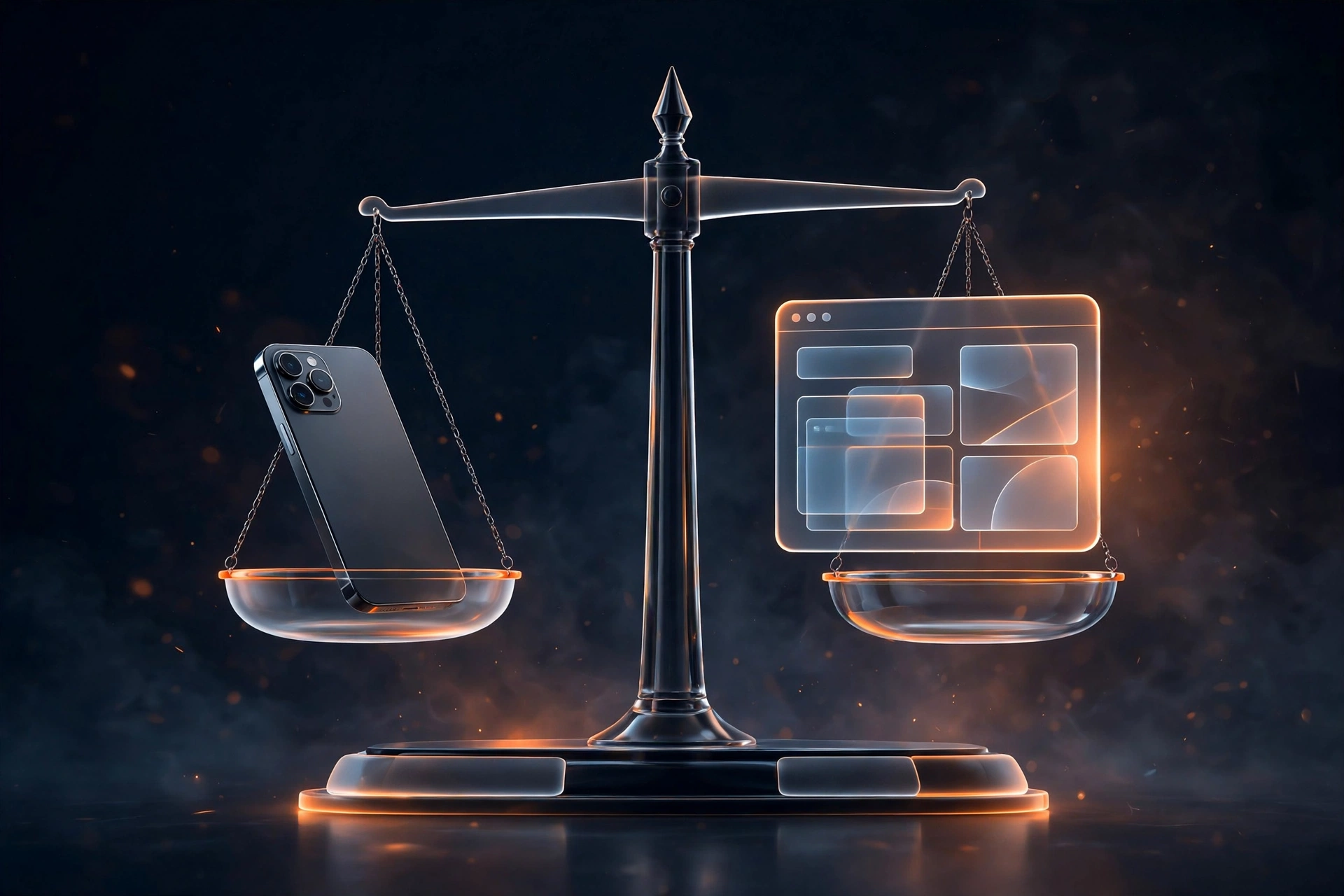 Web app vs mobile app decision framework illustrated as glowing scales balancing a phone and browser